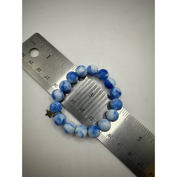 Blue & White Swirl Beaded Stretch Bracelet With Star Charm - Picture 3 of 3